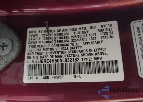 2010 Honda Cr-V Ex из США, поврежденный, VIN 5J6RE4H50AL032182